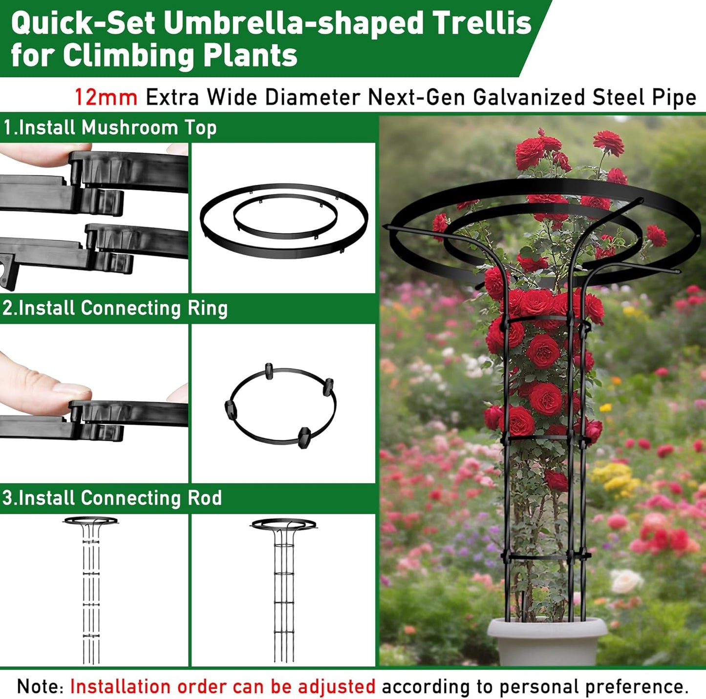 Mushroom Top Trellis for Climbing Plants Outdoor, 5.74FT Decorative Obelisk Plant Support with Rustproof PE-Coated Metal Poles, Rose Trellis for Clematis Ivy, Black