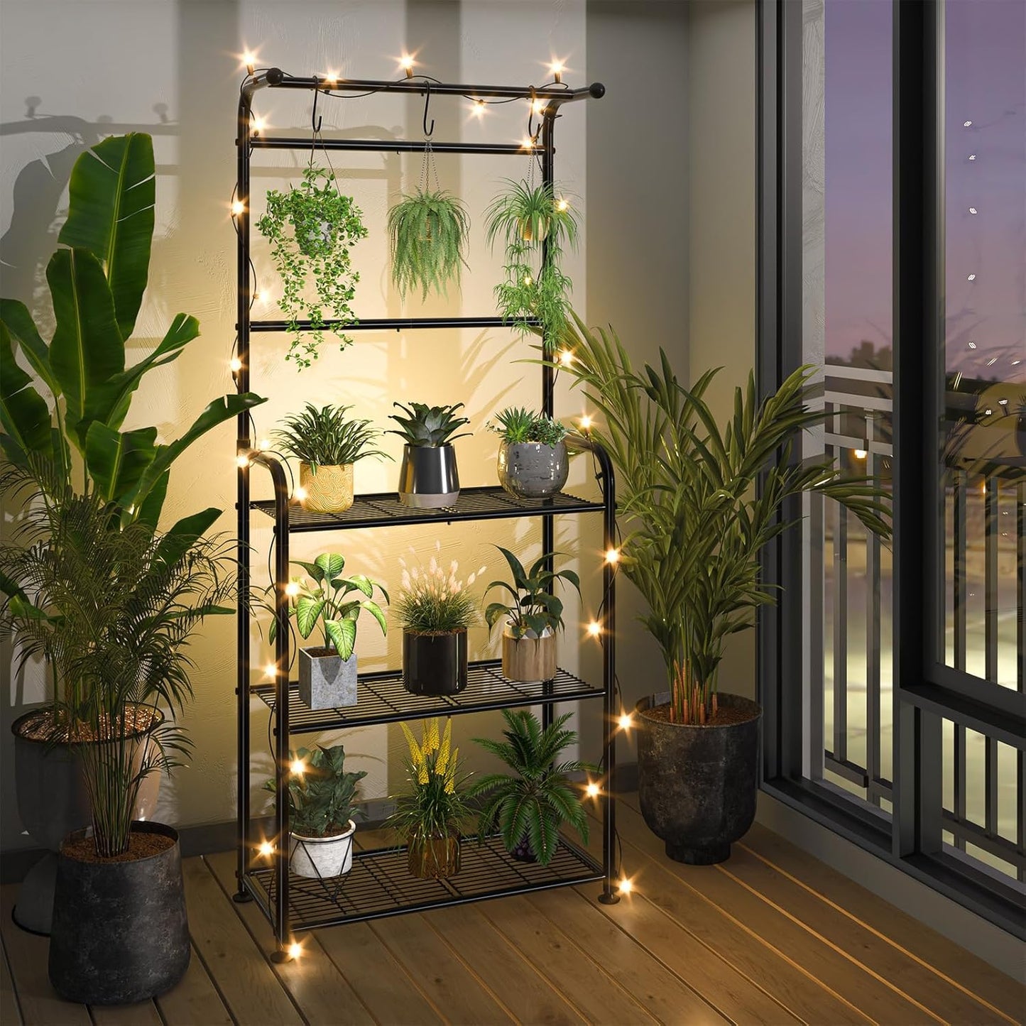 Plant Stand Outdoor Indoor, Metal 3 Tiered Tall Hanging Plant Shelf Heavy Duty for Multiple Flower Planter Holder 67" Large Rack for Living Room Garden Balcony, Black