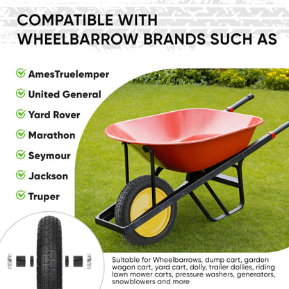 TICONN 4.80/4.00-8 Tire, 16" Flat Free Wheelbarrow Tire and Wheel, Solid Replacement Tires, 5/8" 3/4" Bearings, Universal Fit 4.80/4.00-8, 3.50/3.00-8, 4.00-6 (16" Yellow, 4PK)