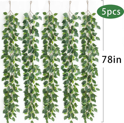 mizii 5 Packs 390" Artificial Vines Ficus Garland Fake Vine Silk Green Leaves Faux Plants Greenery Decoration for Bedroom Room Wall Party Table Centerpieces Wedding Arch Decor
