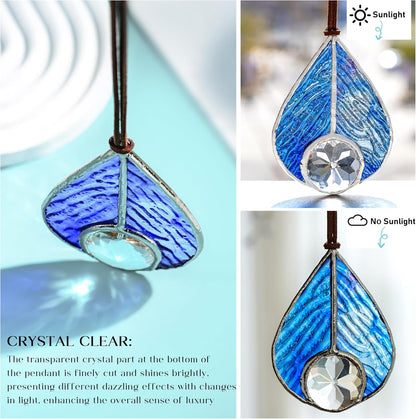 H&D HYALINE & DORA Handcrafted Stained Glass Blue Teardrop Suncatcher Panel Art Glass Sun Catcher Window Home Decor Hanging Pendant
