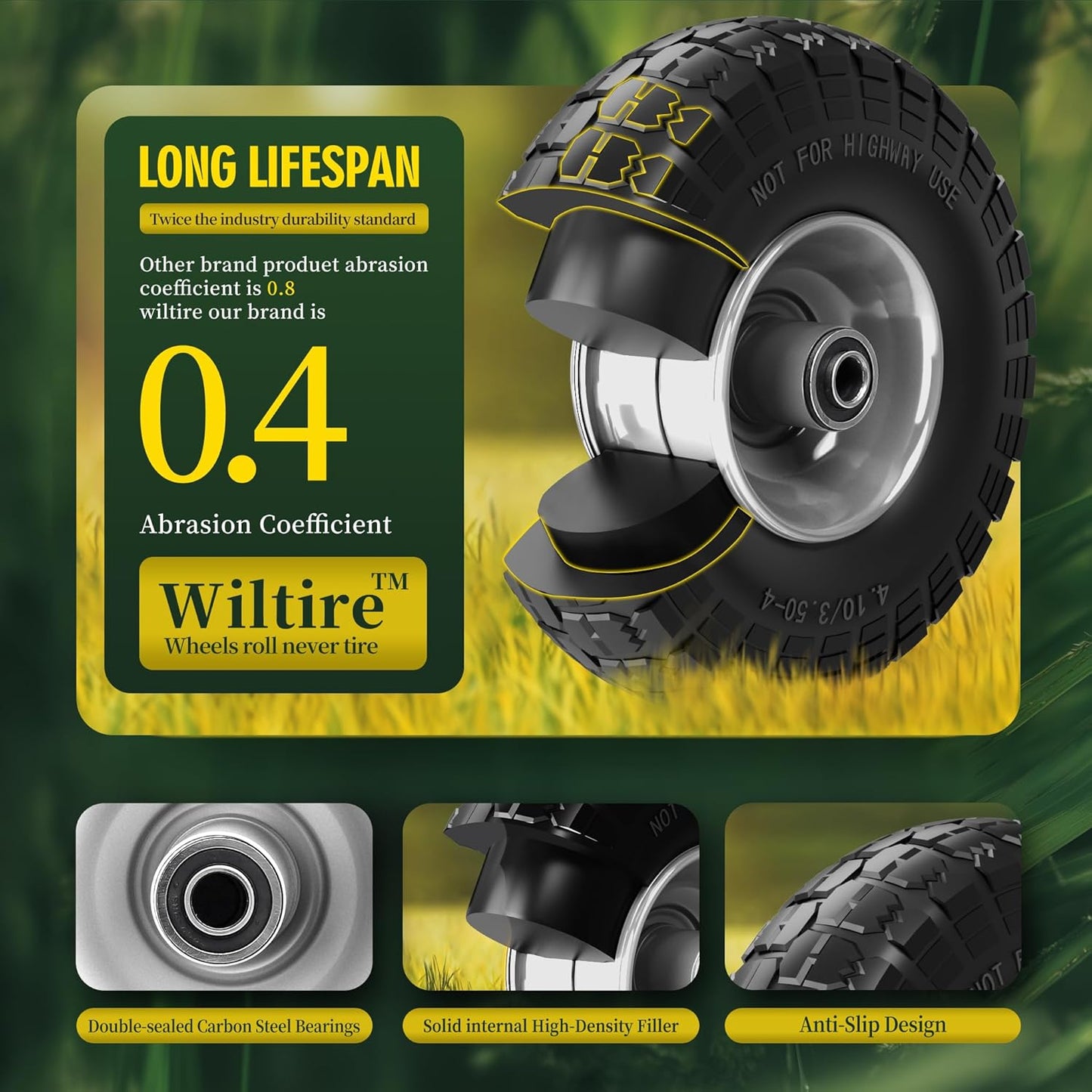 (2 Pack) 4.10/3.50-4 Flat Free Tire and Wheel 10-Inch Solid Wheel Replacement with 5/8 Bearings,2.2" Offset Hub -Compatible with Hand Truck,Wheelbarrow(Gray)