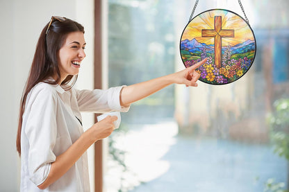 Cross and Wildflowers Stained Glass Sun Catcher - Handmade 7.87 Inch Christian Decor, Stained Glass Window Hanging, Christian Gift, Religious Decor Gift for Friends, Family, Classmates
