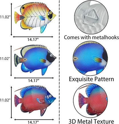 John's Studio Metal Fish Sea Wall Decor Outdoor Garden Hanging Art Sculptures Home Ocean Theme Decorations for Kitchen Bathroom and Pool - 3 PCS