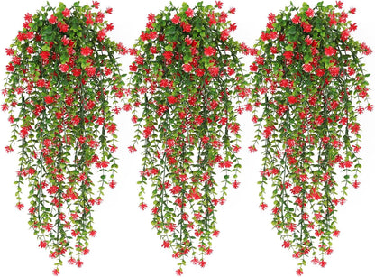 RECUTMS Artificial Hanging Plants Fake Hanging Vine Flowers Fake Plants Faux Hanging Plants Outdoor Faux Eucalyptus Leaf Greenery Wall Indoor Room Wall Wedding Patio Porch Decor(Red)