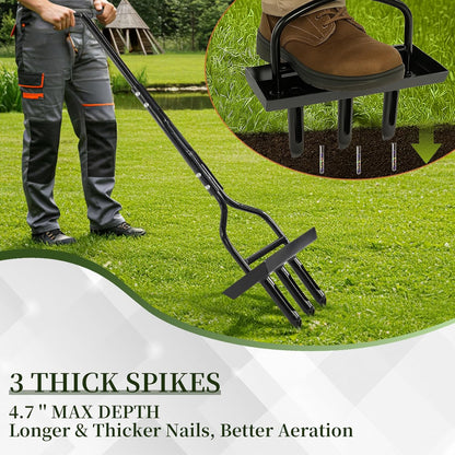 VINGLI Lawn Aerator, 43 inch Manual Aerator Tool with Soil Core Tray, Grass Plug Aerator with 3 Tines for Gardening Soil Compaction Lawn Yard Care, Black