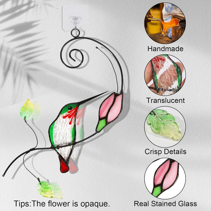 Handmade Stained Glass Hummingbird Suncatcher, Window Hanging Ornament with Flower Design, Indoor Outdoor Garden Decor