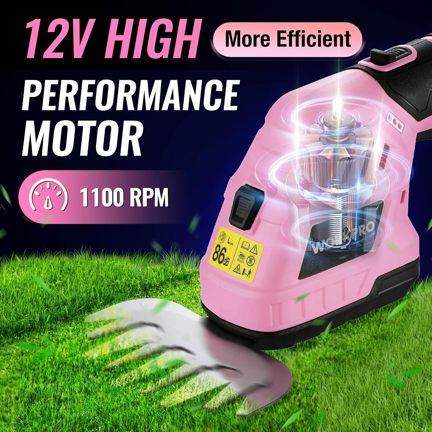 WORKPRO 12V Cordless Grass Shear & Shrubbery Trimmer - 2 in 1 Handheld Hedge Trimmer, Electric Bush Trimmer/Grass Cutter with 2.0Ah Rechargeable Lithium-Ion Battery &1 Hour Fast Charger, Pink Ribbon