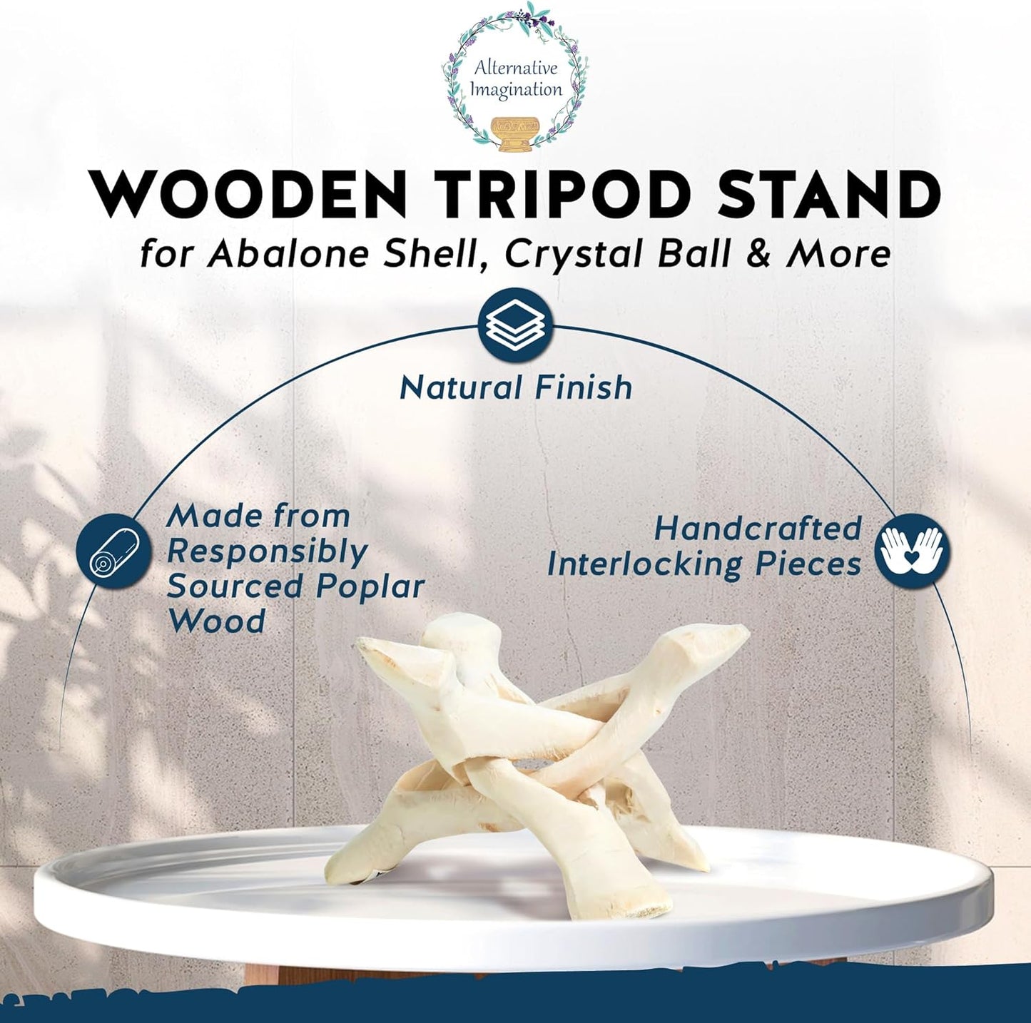 Alternative Imagination Wooden Tripod Stand - Display Stand For Home Decor, Abalone Shell, Jewelry Dish, Trinket Dish, Key Bowl, Crystal Ball and More - Natural, 4 Inches