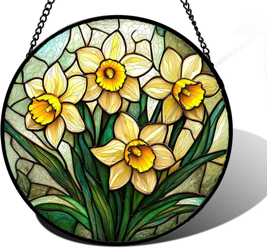 Stained Glass Window Hanging, Daffodil Plant Flowers Sun Catchers Diamond Glass Panel Hangings