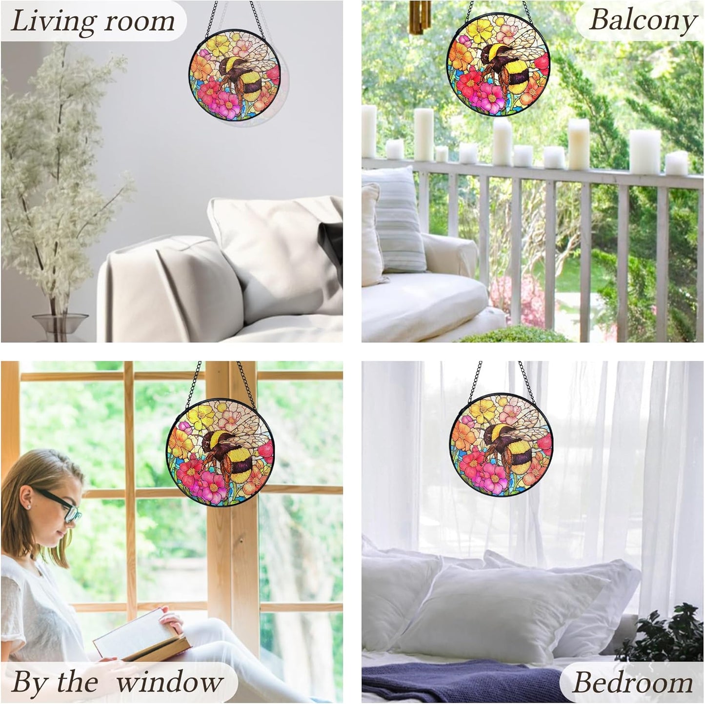 kdqua Bee Floral Suncatcher Stained Glass Window Hanging, Colorful Floral Bumblebee Sun Catchers Indoor Window Glass Round Wall Decor, Bee Wall Art Hanging Decorations Statues, 7.9x7.9in