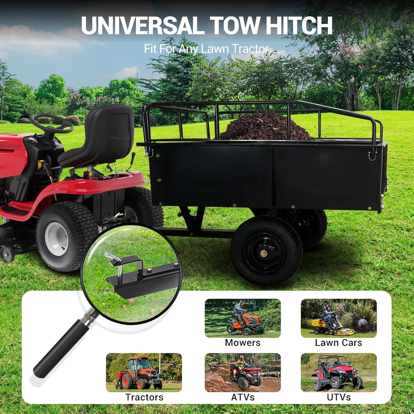 Heavy Duty Steel Dump Cart with 900 Lbs Capacity Utility Garden Trailer, Removable Sides, Tilt Bed, Foot-Operated Dump, 15 Cu Ft, Flatbed Dolly Gardening Cart with Tow Handle, TC002