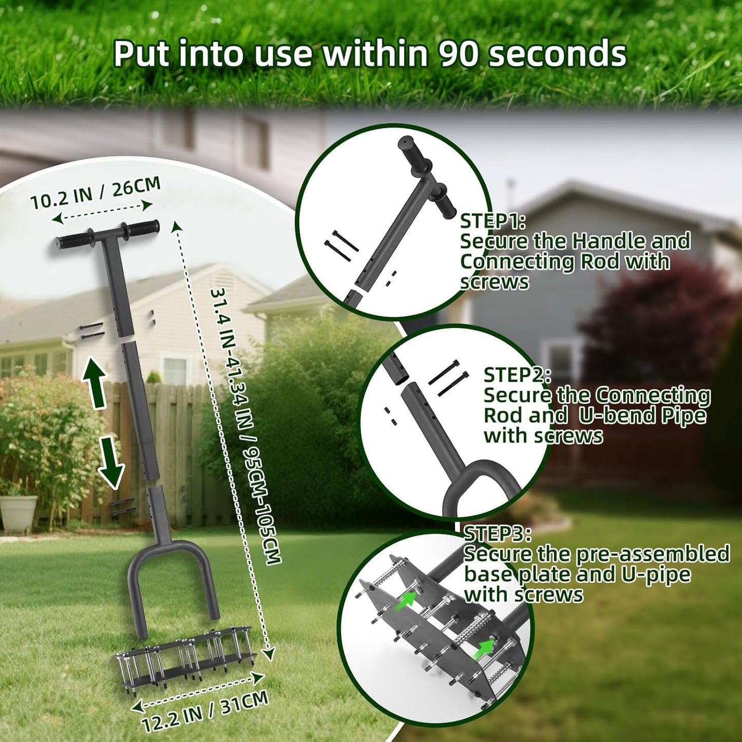 [Bolt-On Base] Lawn Aerator - Kick to Unclog Jammed Springs in 3 Secs! No Welding to Ever Break, 12.2"x6" Wide Plate Saves 20% Time, for Compacted Clay Soil (Pre-Assembled)