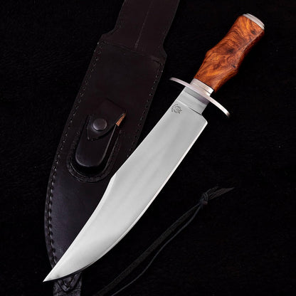 METAL OF HONOR Bowie Knife D2 Fixed Blade Hunting Knife with Leather Sheath for Camping, Hiking, Survival 15 inch bushcraft knife with Solid Engineered Wood Handle (wood)