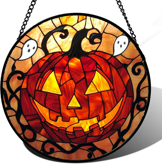 Stained Glass Window Hanging - Halloween Decorations Evil Pumpkin Orange Suncatcher for Doors