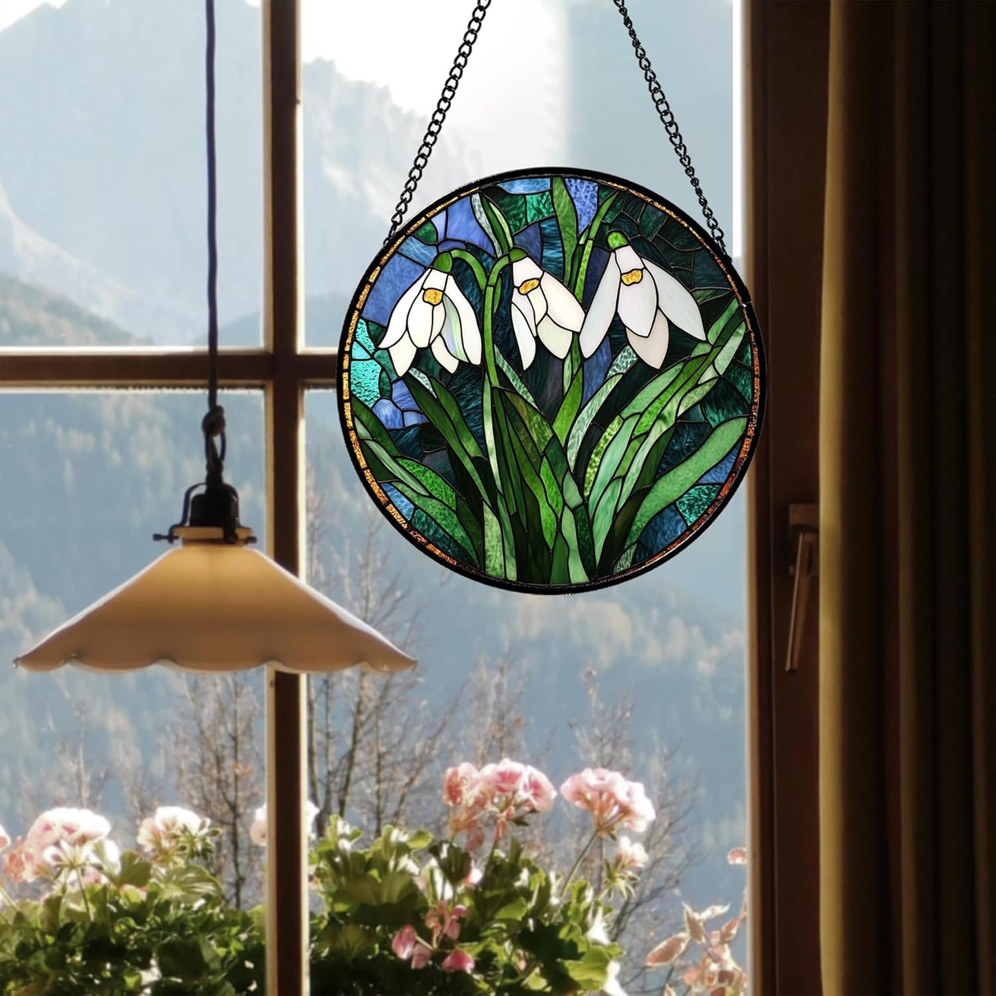Stained Glass Window Hanging - Green Plants Birth Flowers Suncatcher for Doors Garden Patio Sun Catchers Decor Christmas Mother's Day Birthday Gifts for Women Men Mom Nana Friend 15 in