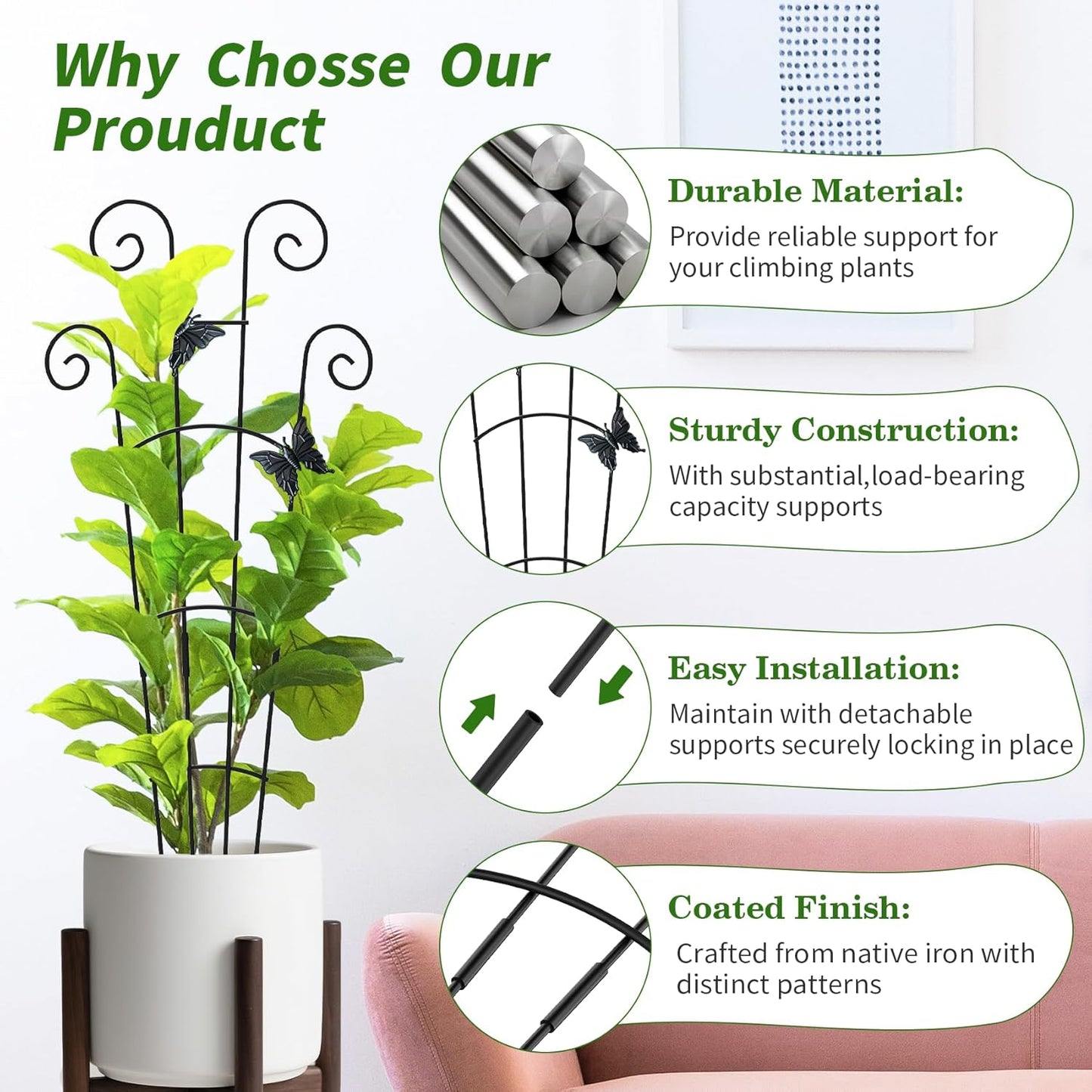 4 Pack 30'Taller Plant Trellis for Potted Climbing Plants Indoor,Expandable Metal Garden Trellis for Climbing Plants, Flowers Vine Ivy, Sturdy Houseplant Support for Potted Plants with Ties