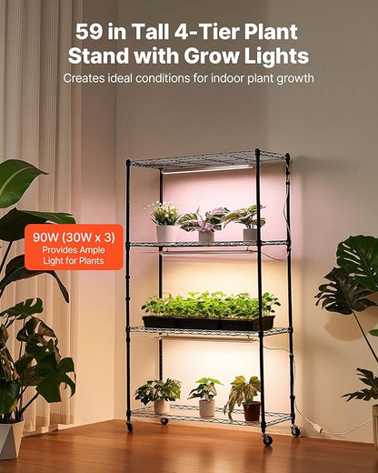 VEVOR Plant Shelf with Grow Light, 4-Tier Indoor Plant Stand, 59in Tall Plants Display Rack with Wheels, 90W 3-Color Full Spectrum Grow Lights, Heavy Duty Metal Flower Pot Holder for Seed Starting