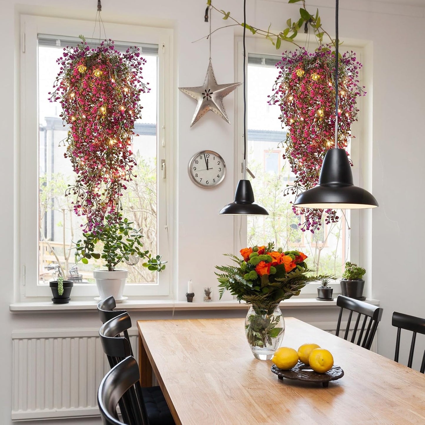 RECUTMS 4Pcs Fake Ferns Artificial Hanging Plants with 30 LED Lights Ivy Flowers Large Faux Hanging Plant for Indoor Outdoor Room Garden Porch Wedding Party Decorations (Fuchsia)
