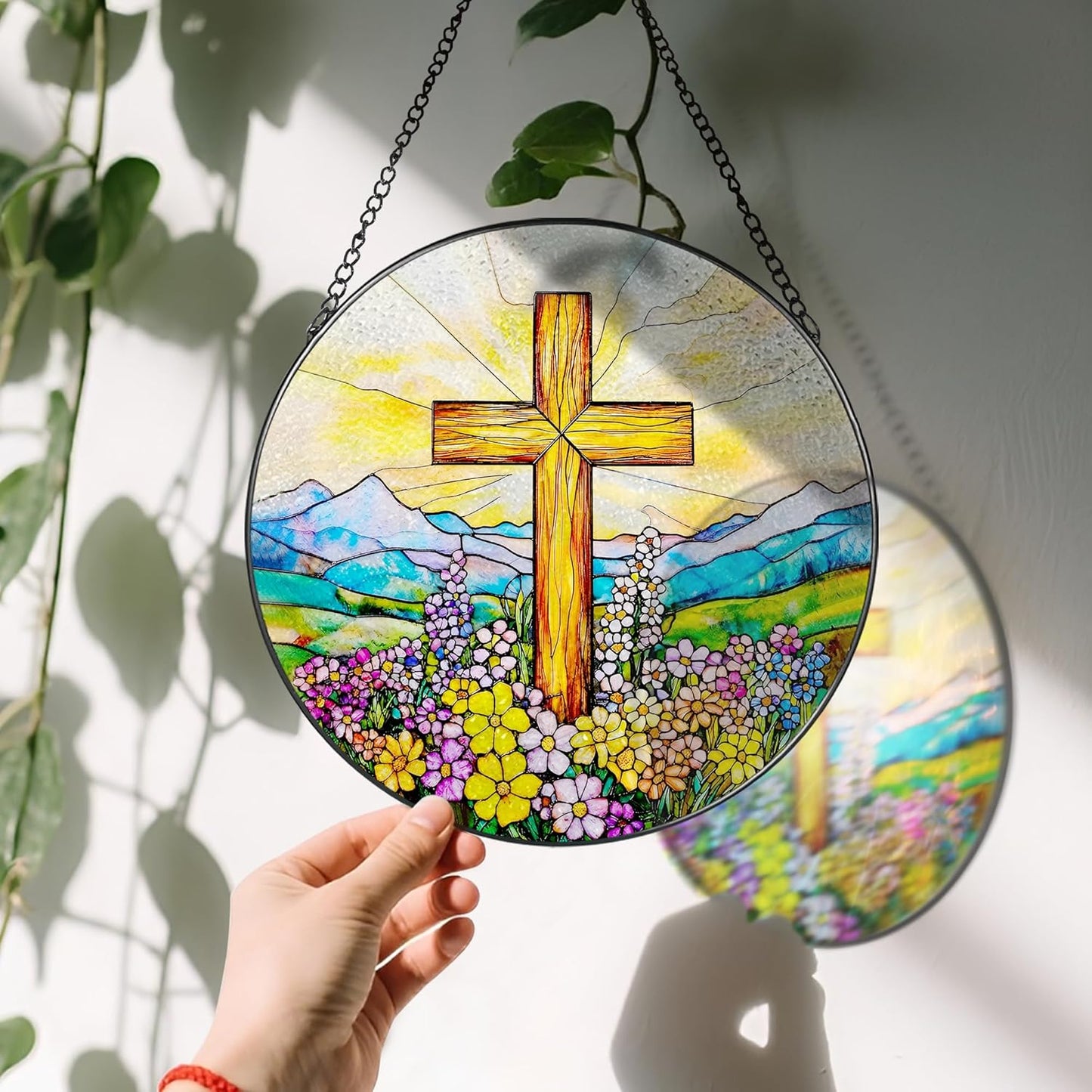 8 Inch Cross Wildflower Stained Glass Suncatcher, Christian Stained Glass Window Hanging, Religious Cross Sun Catcher, Easter Suncatcher Decor, Religious Gifts, Christian Gifts, Easter Gift