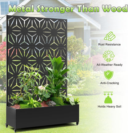 15.7"×70.9"×47.2" Metal Raised Garden Bed with Trellis and Wheels - Tall Trellis Planter Box for Climbing Plants, Vegetables & Vines - Outdoor Privacy Planters for Patio (Black-Star)