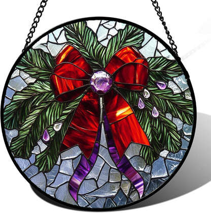 Stained Glass Window Hanging - Purple Gem Christmas Wreath Suncatcher for Doors Home Christmas Decoration Winter Sun Catcher Thanksgiving New Year Birthday Gifts for Women Men Mom Nana 9.8 in