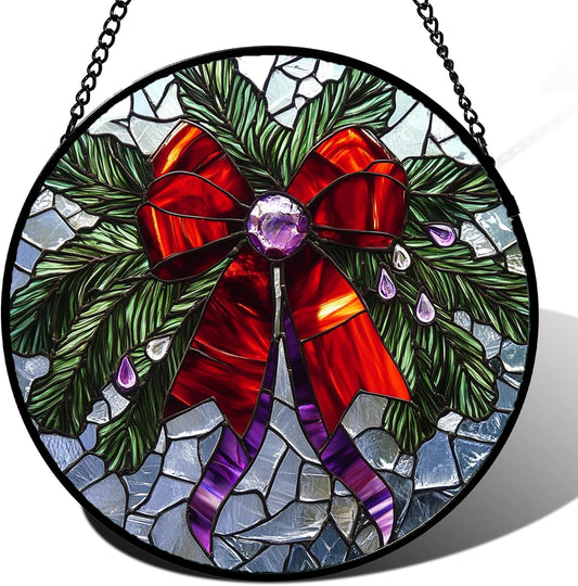 Stained Glass Window Hanging - Purple Gem Christmas Wreath Suncatcher for Doors Home Christmas Decoration Winter Sun Catcher Thanksgiving New Year Birthday Gifts for Women Men Mom Nana 9.8 in
