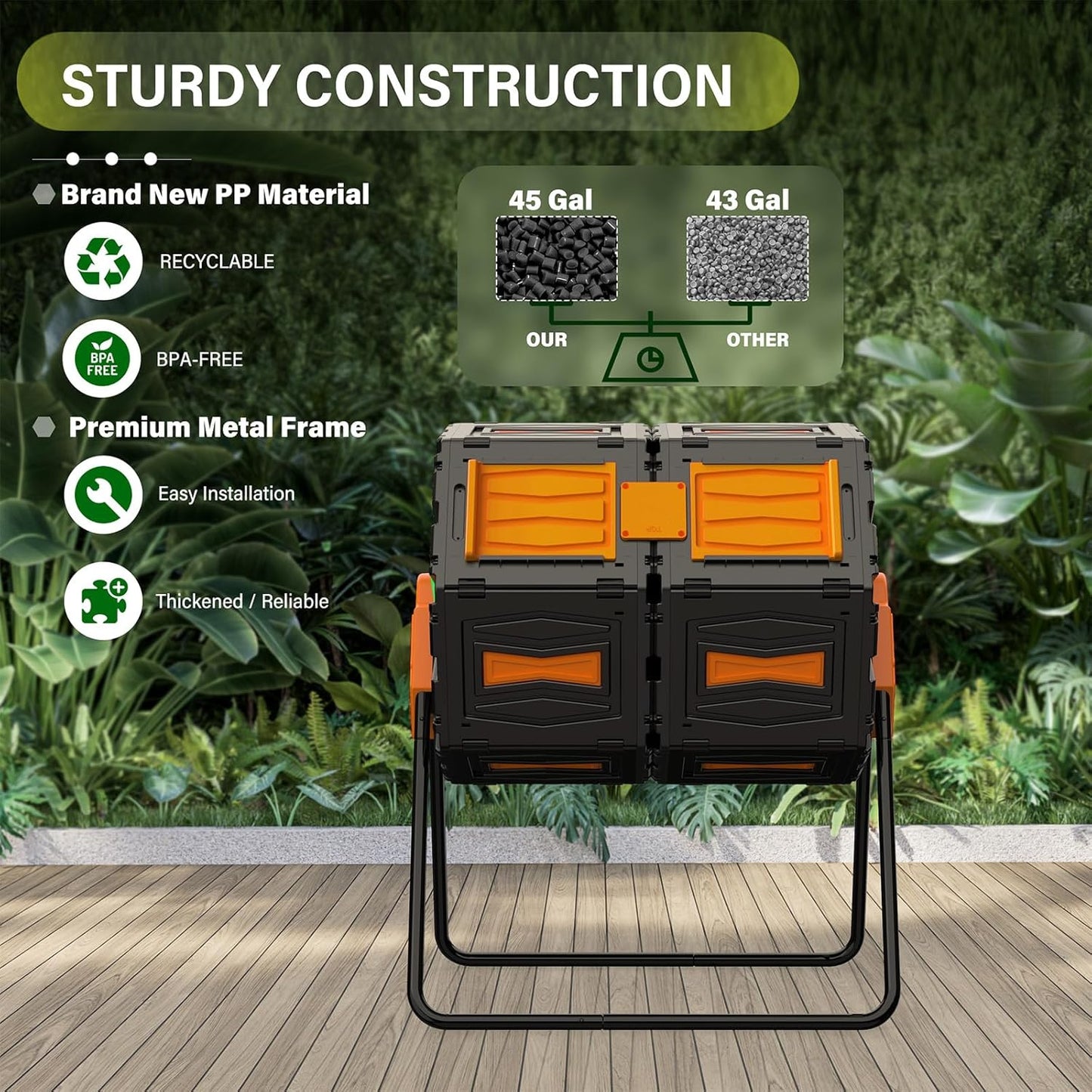 Compost Bin Outdoor 45 Gallon, BPA-Free Dual Chamber Rotating Composter for Kitchen Waste, Heavy-Duty Fast Compost Tumbler Great Sustainable Gift for Winter Garden Yard & Spring Ready Soil