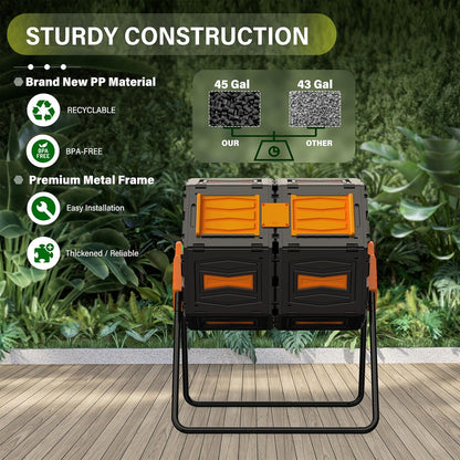 Compost Bin Outdoor 45 Gallon, BPA-Free Dual Chamber Rotating Composter for Kitchen Waste, Heavy-Duty Fast Compost Tumbler Great Sustainable Gift for Winter Garden Yard & Spring Ready Soil