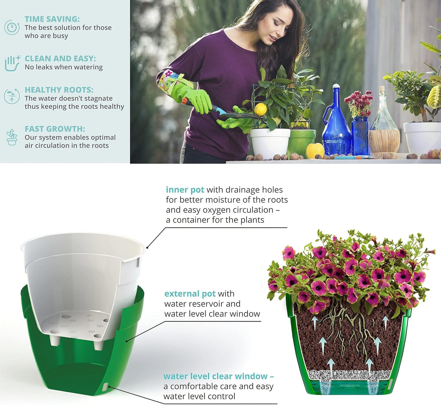 Santino ASTI 7.9 Inch Self Watering Planters Shade/White (Set of 3) for Indoor Plants - Premium Quality Modern Plastic Pot w/Water Level Indicator for All House Plants, African Violets and Dahlias