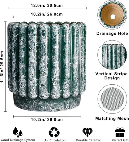 12 Inch Pots for Plants - Ceramic Indoor Planters with Drainage Hole, Decorative Large Planters for Outdoor Plants, Fluted Round Ceramic Flower Pots, Home Patio Decor, Birthday Gifts, Green
