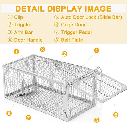 2 Pack Humane Rat Traps - Live Mouse Rat Cage Traps Catch and Release for Indoor Outdoor, Small Animals Traps, Easy to use(12.6''*5.5''*4.7'')