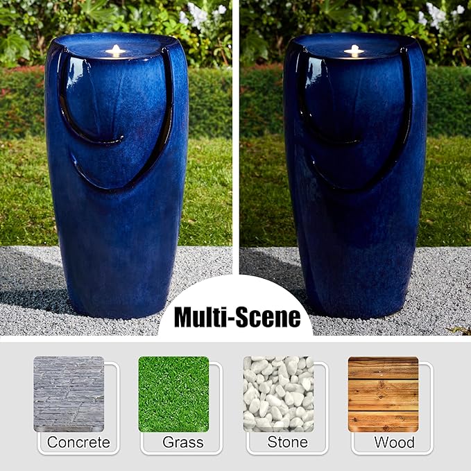Glitzhome 29.25" H Oversized Ceramic Vase Outdoor Water Fountain Tall Patio Garden Water Fountain with LED Light and Submersible Pump Yard Art Decor, Cobalt Blue