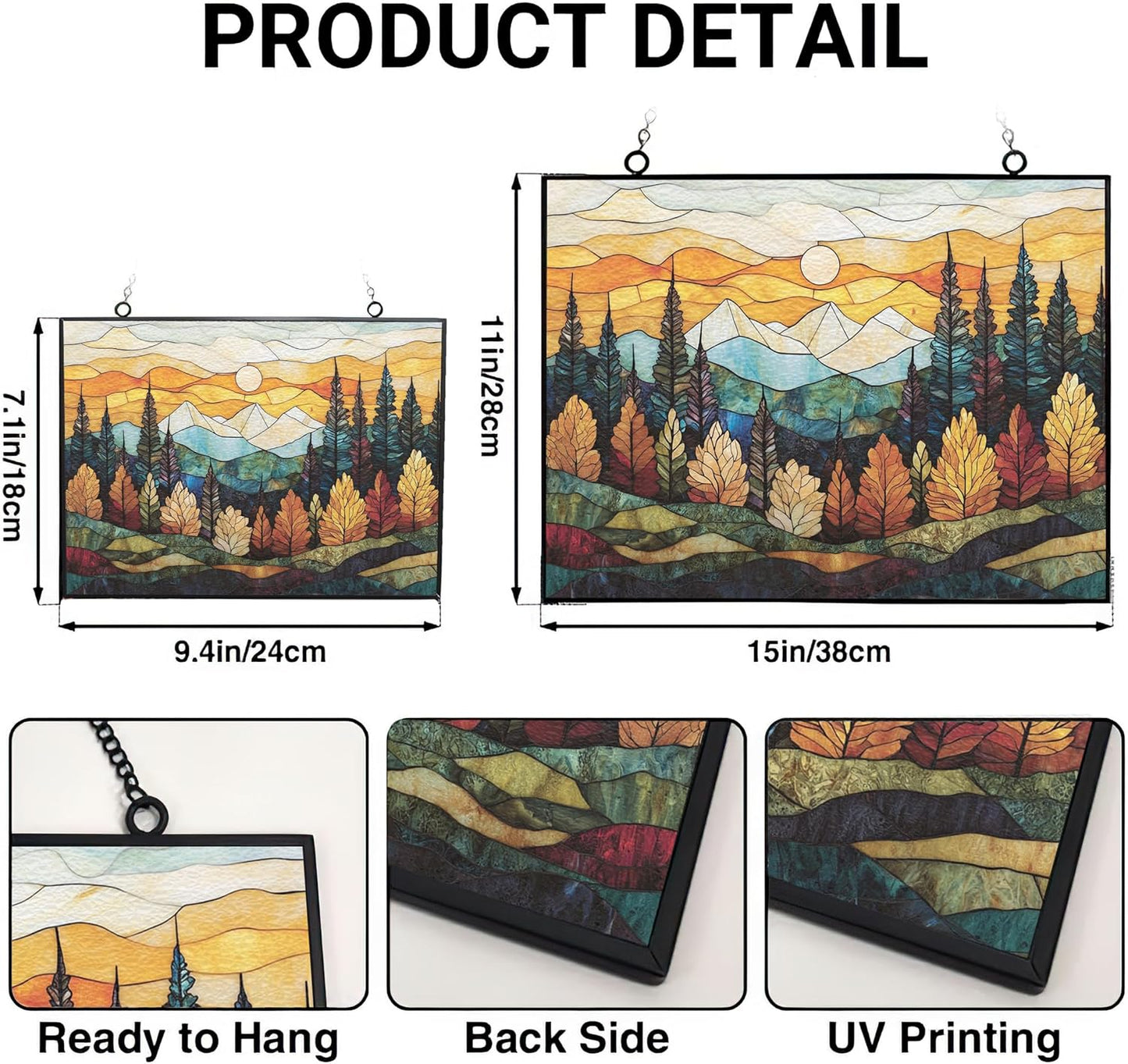 Rectangle Boho Mountain Trees Stained Glass Sun Catcher, Wall Hanging Colored Decor Room Outdoor Window Decor, Halloween, Christmas Hanging Ornament Mother Day