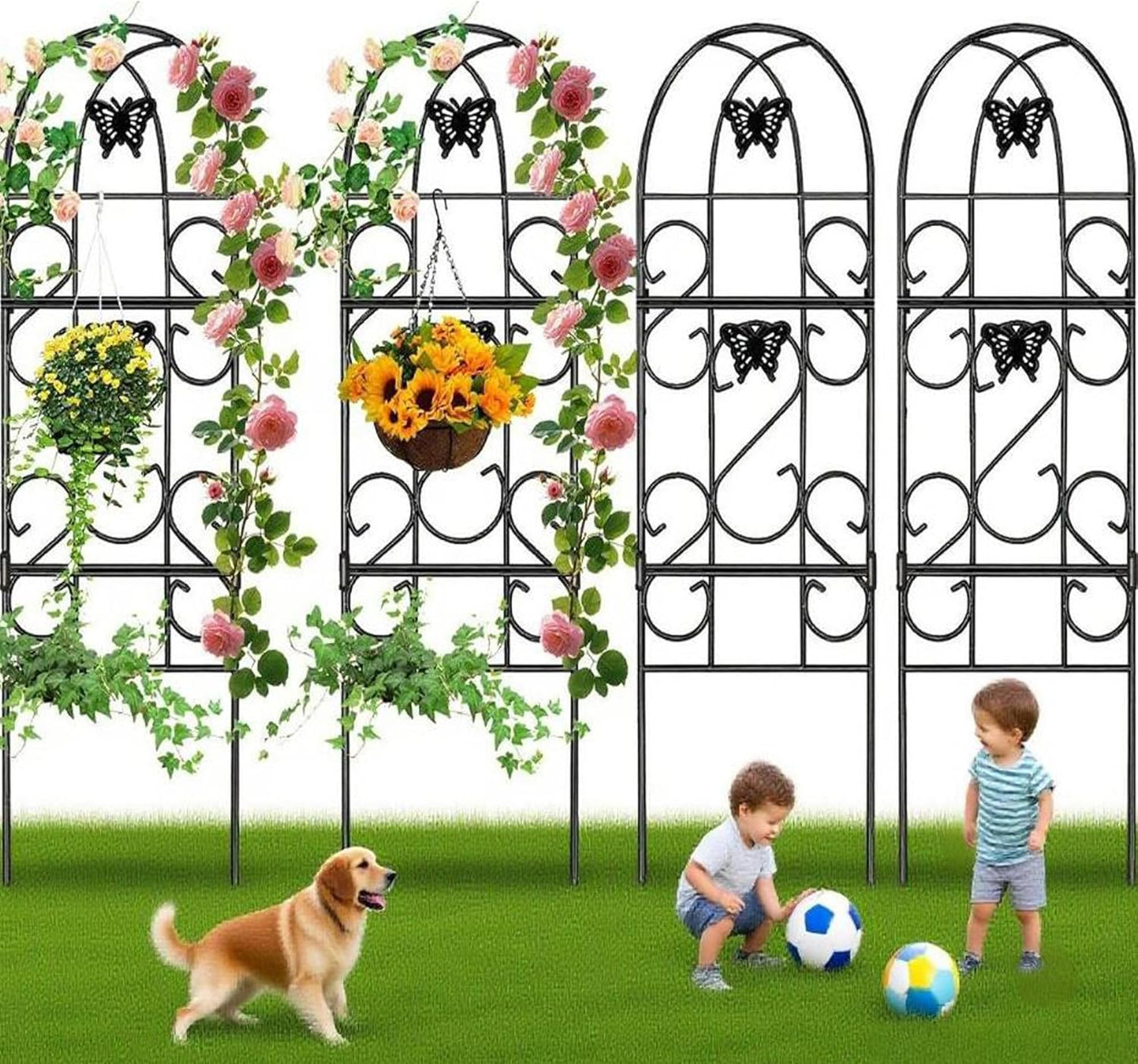 AMAGABELI Garden & Home 4 Pack Garden Trellis for Climbing Plants 60" x 18" Black Iron Trellis for Potted Plant Support Butterfly Metal Trellis for Climbing Roses Vine Flower Cucumber Clematis GT02