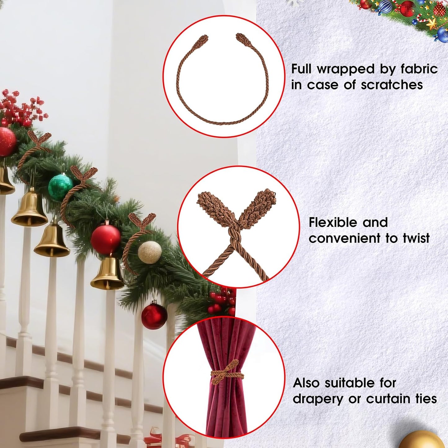 Christmas Garland Ties, 16Pcs 20in Garland Twist Ties for Banister, Reusable and Flexible Decorative Twist Tie for Home Decorations and Holiday Craft Gift Wrapping - Brown