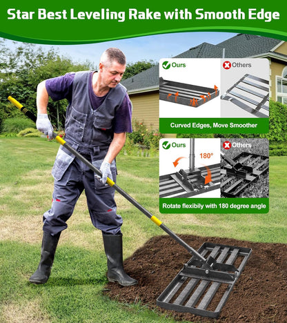 Lawn Leveling Rake 30x10 Inch , Heavy-Duty Yard Leveling Rake 6.2FT Leveler Tool for Soil, Sand & Topsoil, Backyard, Garden, Golf Course