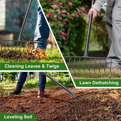 Garden Rake for Leaves, 60 Inch Heavy Duty Rakes for Lawns Yard Mulch Gathering, Metal Thatch with Adjustable Handle, Wide Bow Rake Head for Grass Deribs