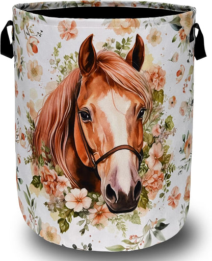 Watercolor Horse Laundry Basket Foldable With Handles Cute Animal Floral Tote Bag Oxford Cloth Colorful Laundry Hamper Clothes Toy Storage Bucket For Bathroom/Laundry/Bedroom 18.9" x 16.5 "