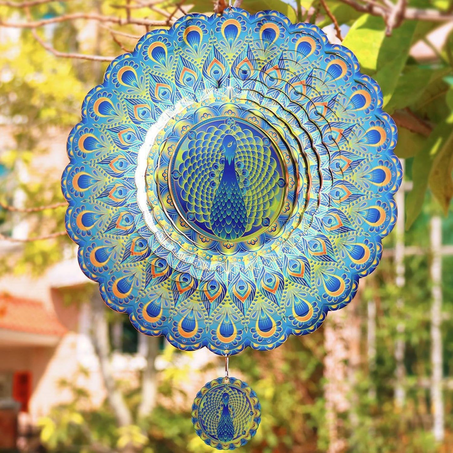 Peacock Wind Spinner Outdoor 3D Stainless Steel Garden Hanging Decorations Outdoor, 12 inch Metal Wind Spinners Clearance, Wind Kinetic Sculpture Yard Art Decor Gift for Women Men