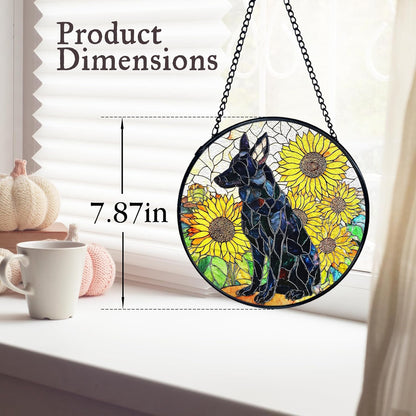 kdqua German Shepherd Sunflower Suncatcher Stained Glass Window Hanging, German Shepherd Gifts Sun Catchers Indoor Window Glass Round Wall Decor, Dog Wall Art Hanging Decorations Statues, 7.9x7.9in