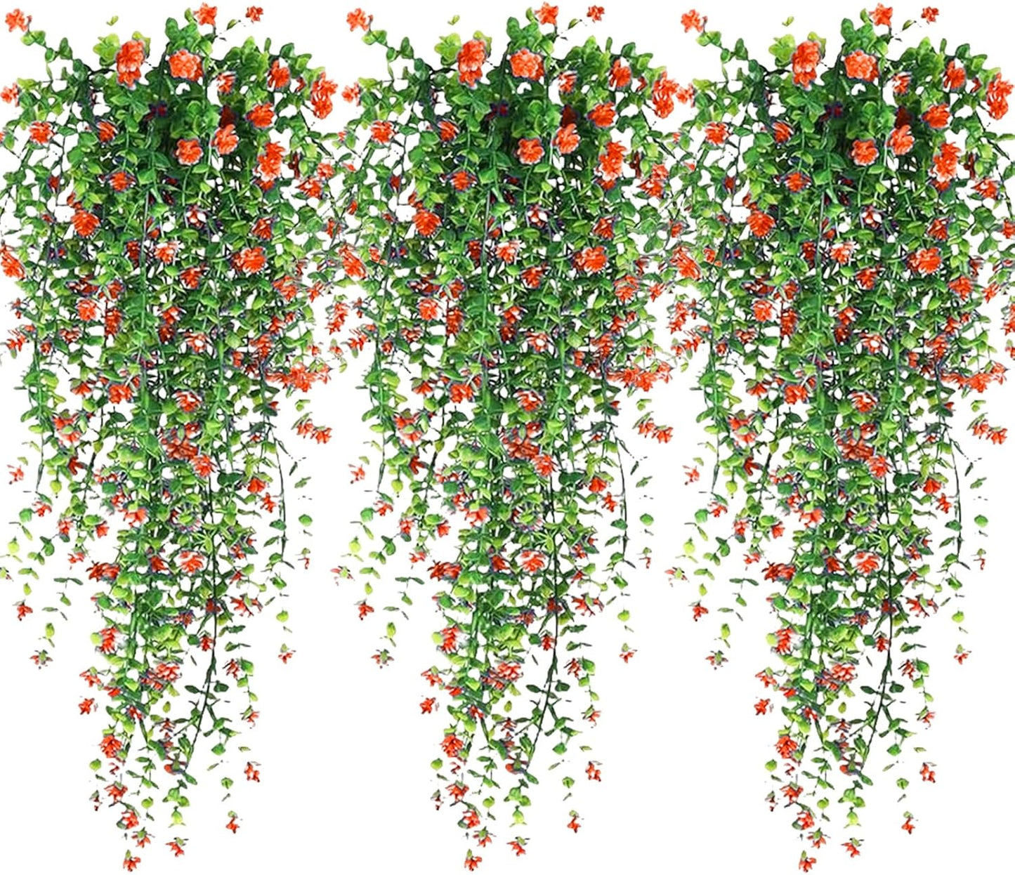 Artificial Hanging Flowers, 3 Pcs Fake Hanging Plants Artificial Vines for Outdoors, Fake Ivy Vine UV Resistant No Fade Faux Plants for Indoor Outside Garden Patio Yard Greenery Decoration (Orange)