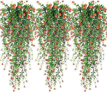 Artificial Hanging Flowers, 3 Pcs Fake Hanging Plants Artificial Vines for Outdoors, Fake Ivy Vine UV Resistant No Fade Faux Plants for Indoor Outside Garden Patio Yard Greenery Decoration (Orange)