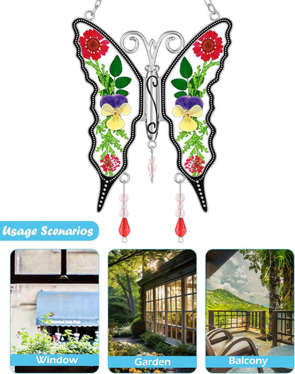 KY&BOSAM Butterfly Suncatcher for Window Hanging DIY Mom Gift Ornament Pressed Flower Between Wings Glass Metal Engraved No Charm Gift for Mom Mother's Day Valentine's Birthday Thanksgiving Christmas