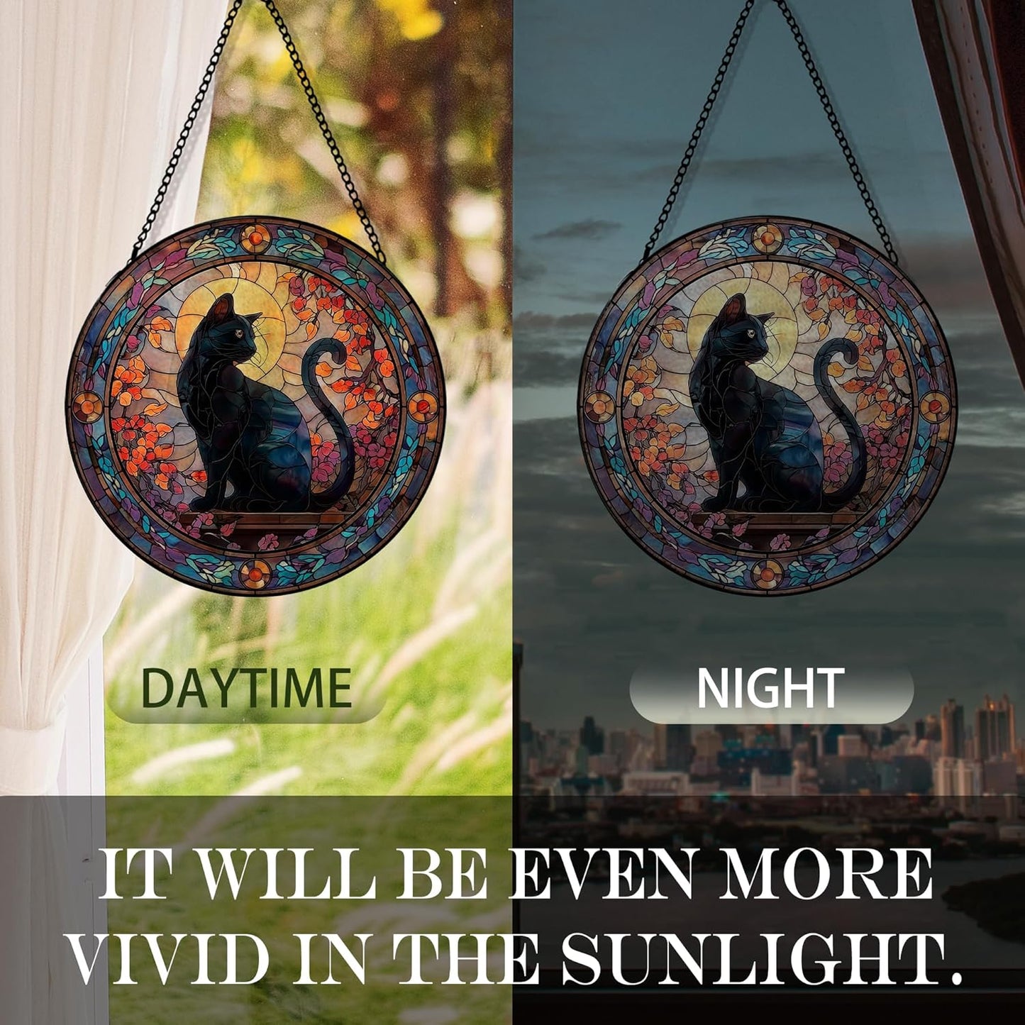 Black Cat Halloween Suncatcher Stained Glass Window Hanging, Gothic Black Cat Flower Sun Catchers Indoor Window Glass Round Wall Decor, Halloween Wall Art Hanging Decorations, ＂7.8x7.8＂