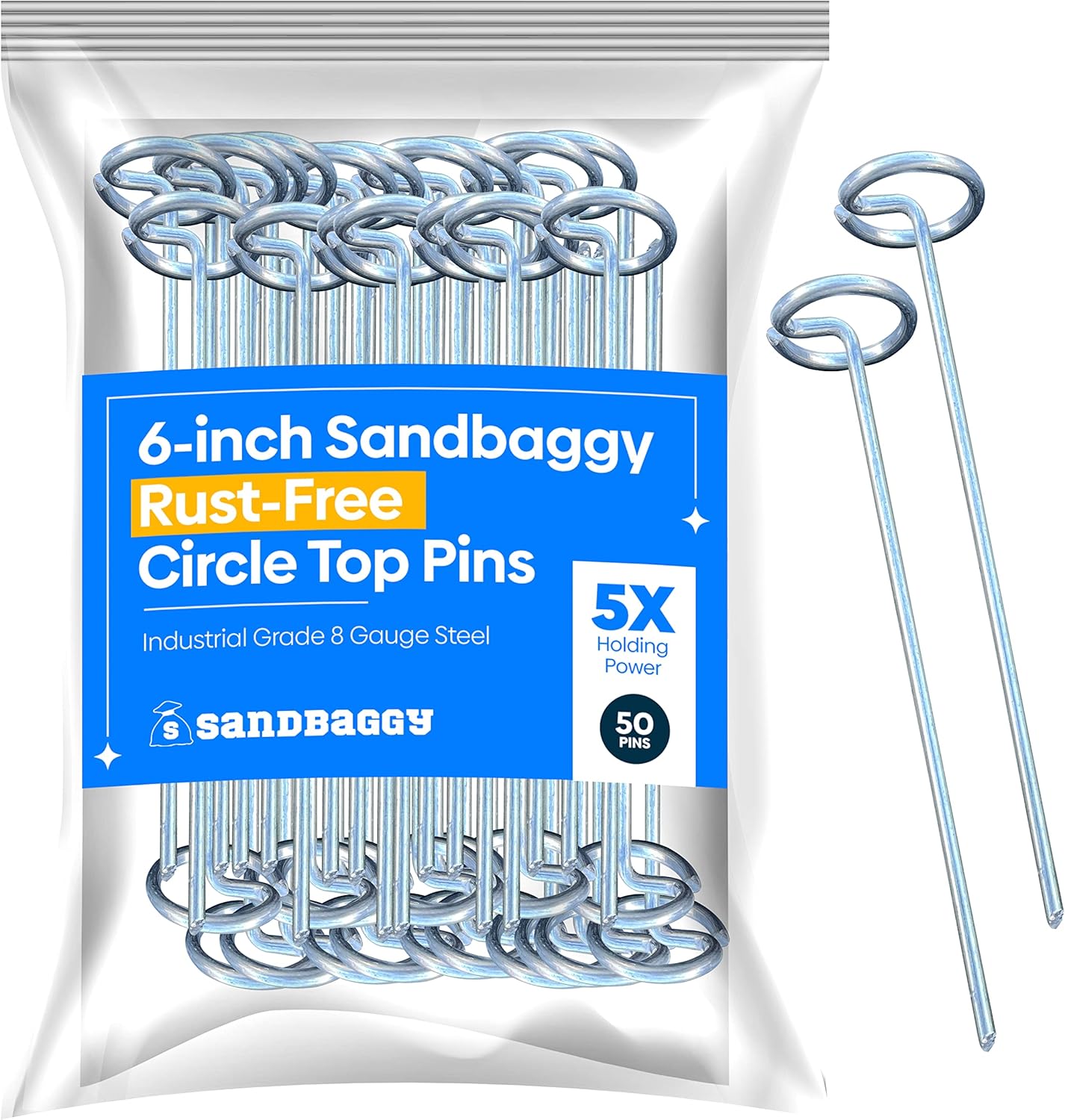 Sandbaggy 6-inch Circle Top Pins - Landscape Staples (Galvanized) - Garden Stakes for Landscaping, SOD - Heavy Duty Ground Stakes, Lawn Turf Spikes, Christmas Decorations, Weed Mats (50 Pins)