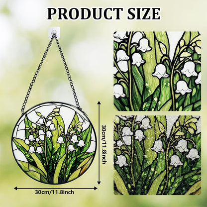 Stained Glass Window Hanging, Lily of The Valley Flower Diamond Glass Panel Suncatcher Green Plant Sun Catchers for Home Garden Balcony Window Decor, Plant Lover Gifts (11.8 Inch)