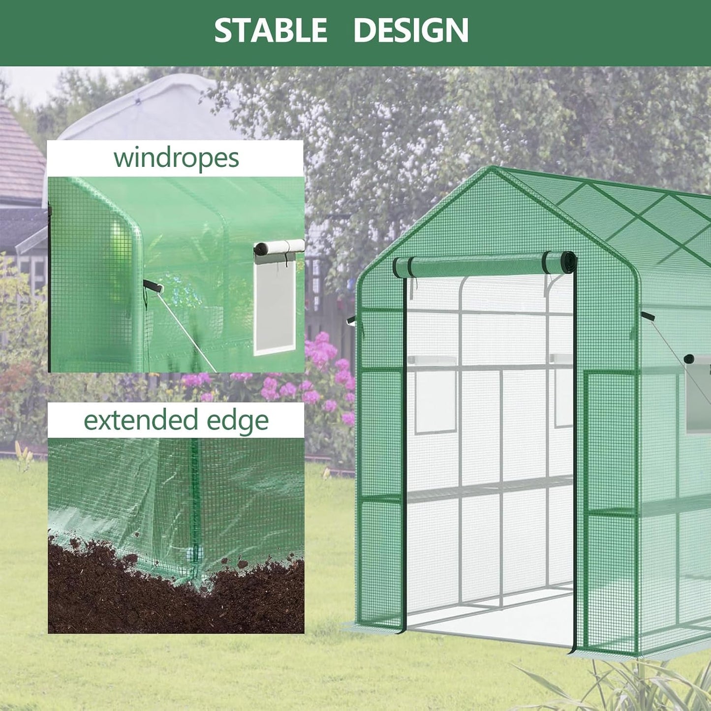 Greenhouse, 57 x 85 x 77'' Greenhouses for Outdoors, with Mesh Side Windows, PE Cover, 8 Shelves, Heavy Duty Walk in Green House for Backyard Garden Indoor, White& Green Outside