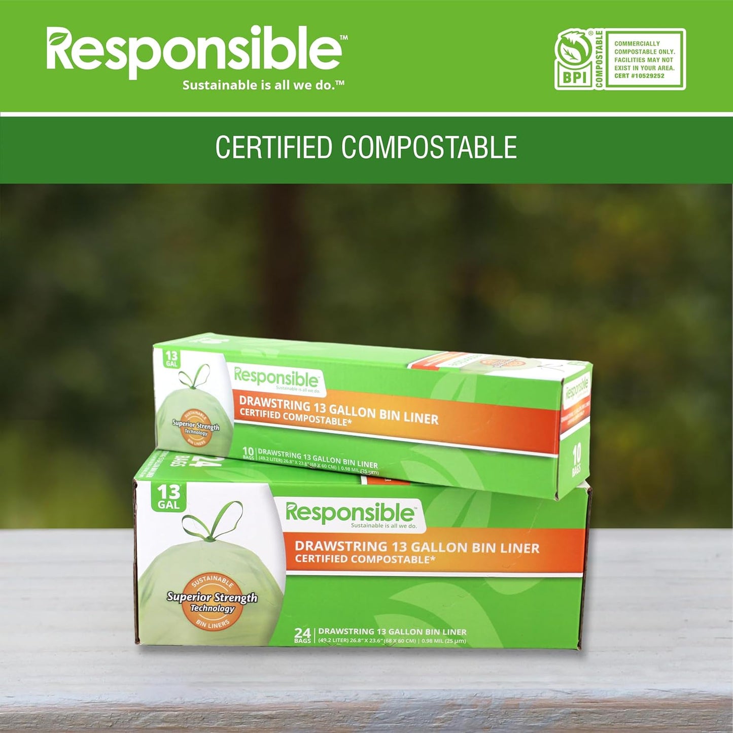 Responsible Products Kitchen Bin Liners, Certified Compostable, Heavy Duty Multipurpose Food Scrap Bags, Made from Compostable Materials (13 Gallon Drawstring, 13 Gallon (10 Count))