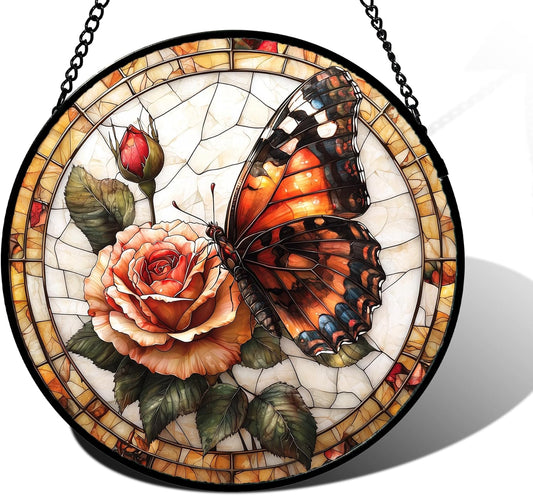 Stained Glass Window Hanging, Butterfly Picking Flowers Suncatcher for Doors Home Sun Catchers